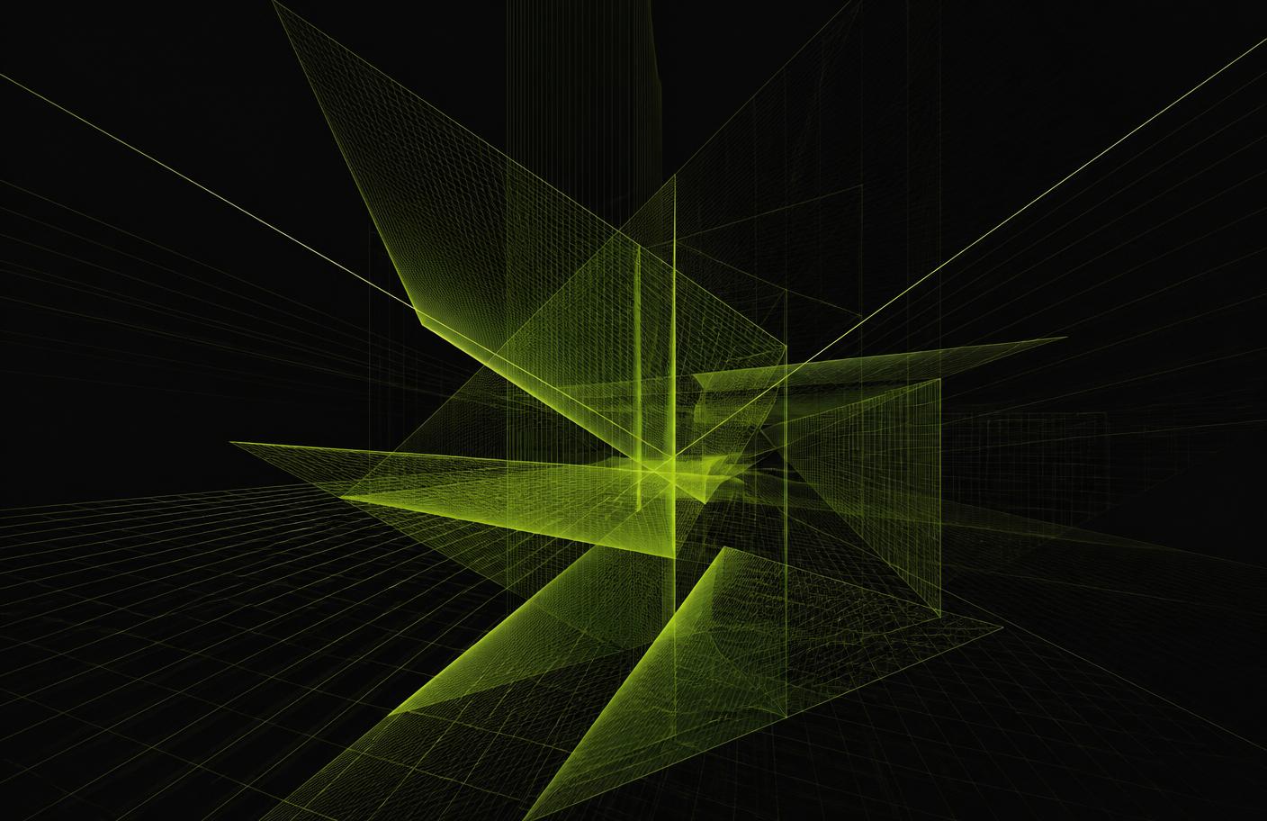 Abstract computing artwork of intersecting lime wireframe planes on a dark field