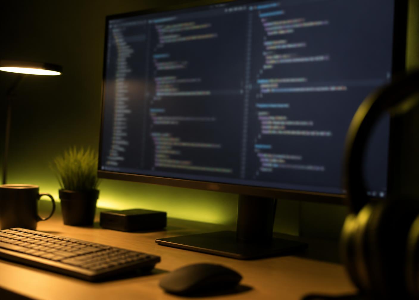 Code editor open on a large monitor in a dimly lit development workspace