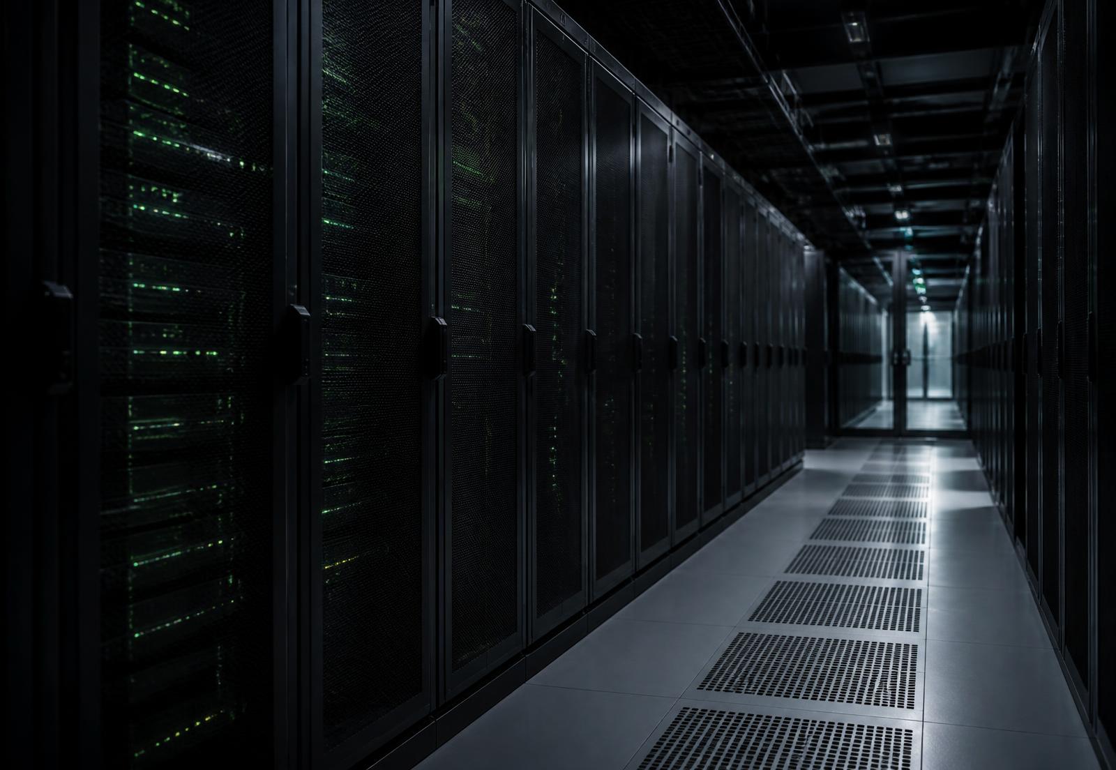 Dark data centre aisle with server cabinets and green status lights
