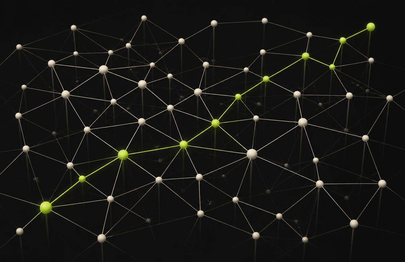 Diagrammatic network of connected nodes with a single highlighted route across the grid