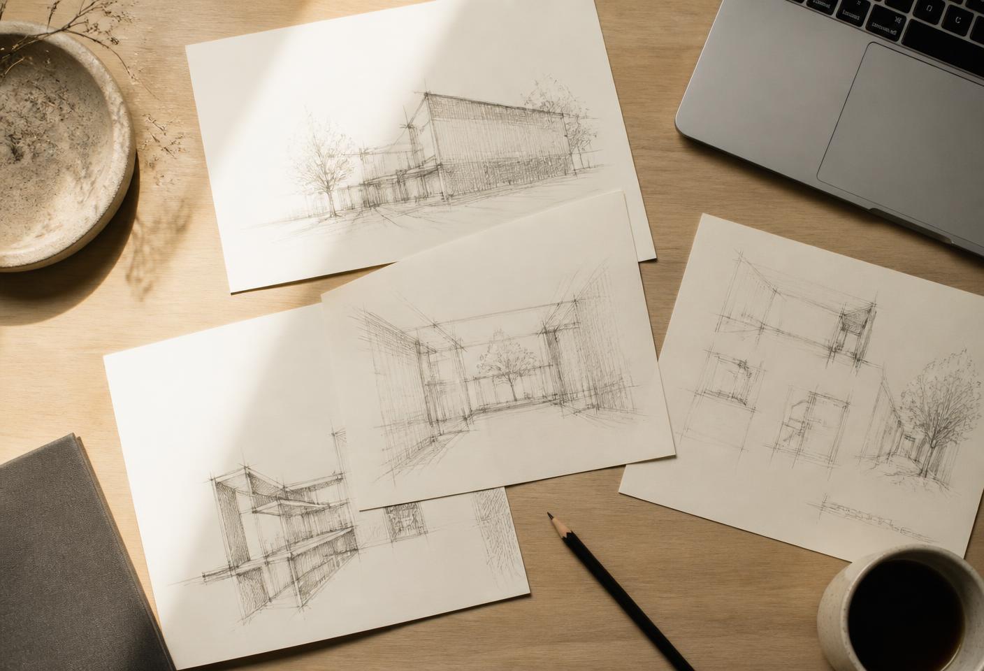 Hand-drawn structural sketches on ivory paper arranged on a desk beside a laptop and pencil