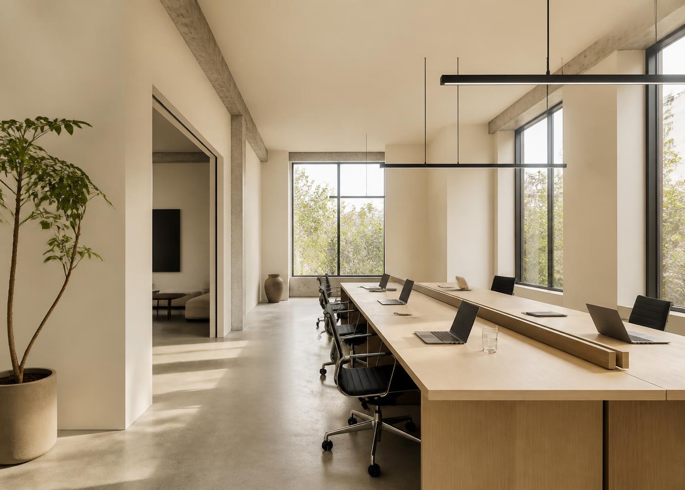 Calm minimal office with a long wooden desk, laptops, concrete floor and daylight from tall windows